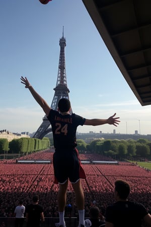 A soaring shot of a young boy, dressed in sleek sports attire, mid-swing on a basketball court. The Eiffel Tower's iconic silhouette rises majestically behind him. His bright smile radiates confidence as he shoots the ball with precision. Flags waving in the stands add a burst of color and energy. The crowd cheers in anticipation, their faces alight with excitement.