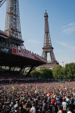 A speeding sensation perched atop a sleek racing machine, triumphant helmet held high amidst a sea of frenzied fans spilling onto the grandstand's undulating tiers. Bold, vibrant racing attire shines like a beacon as the crowd erupts in jubilant cheers. In the distant backdrop, the Eiffel Tower's iconic iron latticework rises majestically, its presence amplified by the electric atmosphere.