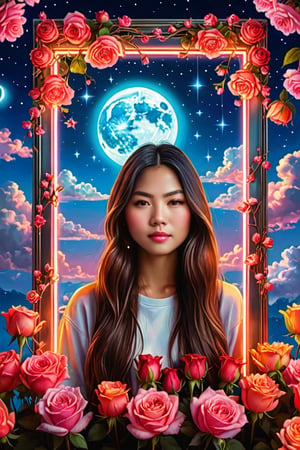 A neon light art, a mirror like frame in the middle of the picture, inside the frame is an Asian girl with long hair, a bunch of roses around the frame, clouds, moon, stars, colorful, 4k, extremely detailed