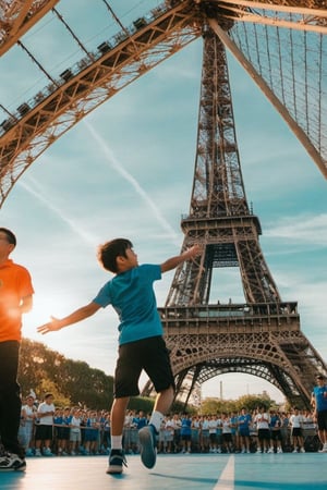 A dynamic shot captures a young boy in his prime, dressed in sleek athletic wear, as he's mid-swing in a sprawling basketball court. The majestic Eiffel Tower rises in the distance, its iron latticework gleaming against the bright blue sky. A sea of excited fans fills the stands, their faces aglow with anticipation and excitement.