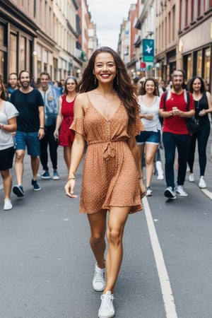 masterpiece, portrait of a beautiful American-Finnish girl, slender, casual summer dress, sneakers, wristband, brunette, brown eyes, long_hair, hair behind ear, walking, in the modern city street, in front of crowd, full body shot, bokeh, Extremely Realistic