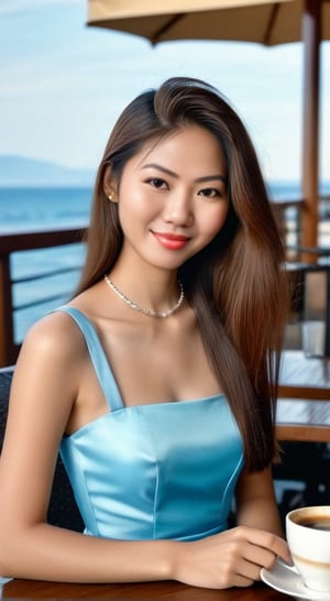 Realistic photo of a slender pretty Asian woman wearing fashionable stunning dress, with long brown straight hair sitting at a dining table in an outdoor restaurant over a cup of coffee, (((photorealism:1.4))), best quality, photography QUALITY, 8k, small smile while mouth closed, hair clip, overlooking the sea