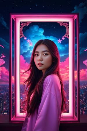 A neon light art, a special glowing frame in the middle of the picture, inside the frame is an Asian girl with long hair, a bunch of pink lights and stars around the frame, clouds, colorful, 4k, extremely detailed