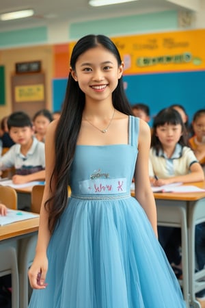 COWBOY shot front view of skinny beautiful 14 year old Asian model girl, wearing grand ball gown only, looking shy at viewer, shy smiles, Poster cover title with text saying ("Try Flux Now!":1.5). She is casually standing beside school desks in decorated classroom,  crowd of young students in background. She has long straight hair, hands and fingers at side. Photography quality, realism. More Reasonable Details.