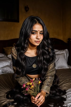 beautiful cute young attractive indian teenage girl,
village girl, 18 years old, cute, Instagram model, long black_hair, colorful hair, warm, in home sit on a bed, holding a Bokeh of flowers, indian