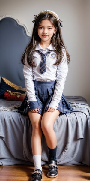 a 12 years old very young little girl Wrapped in school uniform, latin little girl revealing her stylized legs and timidly showing the burgeoning femininity, while the gentle curves are carefully emphasized and a smile draws her tender face, full-body_portrait.