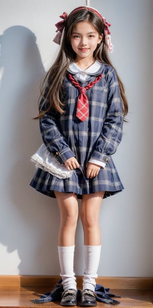 a 12 years old very young little girl Wrapped in school uniform, latin little girl revealing her stylized legs and timidly showing the burgeoning femininity, while the gentle curves are carefully emphasized and a smile draws her tender face, full-body_portrait.