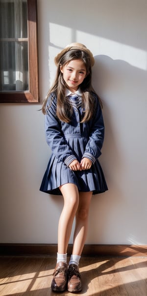 a 12 years old very young little girl Wrapped in school uniform, latin little girl revealing her stylized legs and timidly showing the burgeoning femininity, while the gentle curves are carefully emphasized and a smile draws her tender face, full-body_portrait.