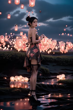 Masterpiece,Raw photo,16k,ultra realistic,best quailty,high_resolution,1 girl,solo,perfect body,huge breasts,full body,looking_at_viewer,dancing in the dark,night_sky,night time,full moon,white long hair,very long ponytail,makeup,red lips,Kongming Lantern Background