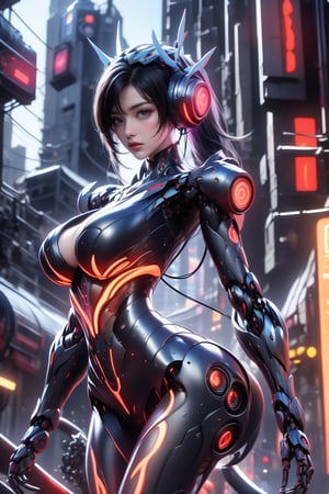 A solo mecha-girl stands tall in a futuristic cityscape, her mechanical arms gleaming in the neon-lit night. Her perfect, curvaceous physique is accentuated by her impressive big breasts, as she confidently brandishes a weapon at her side. The raw photo captures every detail with ultra-realistic clarity, rendering her 16k masterpiece in stunning high-definition. In this futuristic world, she's a powerful force to be reckoned with,robot headphone,