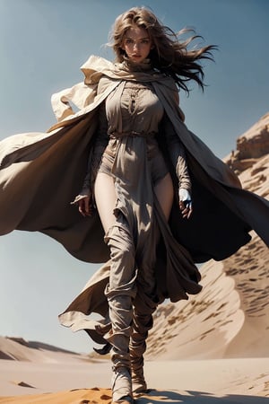 Masterpiece,Raw photo,16k,best quailty,high_resolution,perfect body,huge breasts,full body,looking_at_viewer, Dune ,sandstrom,blue eye,blonde hair,wavy hair,wind blow,sand cloak,cover mouth,cover_head,long boots,windglass,sand_color clothes