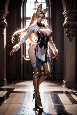 Masterpiece,Raw photo,16k,ultra realistic,best quailty,high_resolution,1 girl,solo,perfect body,huge breasts,full body,looking_at_viewer, white long hair,very long ponytail,fox ears,Castlevania Outfit,long blade,high heels boots,dynamic pose.castle background