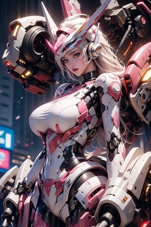 A solo mecha-girl stands tall in a futuristic cityscape, her mechanical arms gleaming in the neon-lit night. Her perfect, curvaceous physique is accentuated by her impressive big breasts, as she confidently brandishes a weapon at her side. The raw photo captures every detail with ultra-realistic clarity, rendering her 16k masterpiece in stunning high-definition. In this futuristic world, she's a powerful force to be reckoned with,robot headphone,