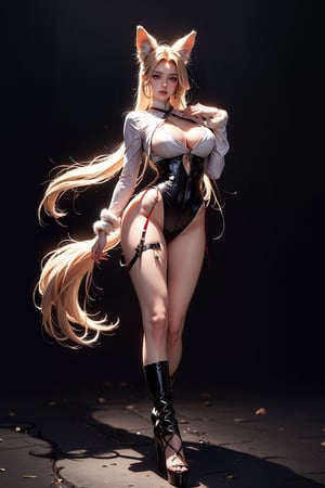 Masterpiece,Raw photo,16k,ultra realistic,best quailty,high_resolution,1 girl,solo,perfect body,huge breasts,full body,looking_at_viewer, white long hair,very long ponytail,fox ears,Castlevania Outfit,long blade,high heels boots,dynamic pose.castle background