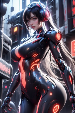 A solo mecha-girl stands tall in a futuristic cityscape, her mechanical arms gleaming in the neon-lit night. Her perfect, curvaceous physique is accentuated by her impressive big breasts, as she confidently brandishes a weapon at her side. The raw photo captures every detail with ultra-realistic clarity, rendering her 16k masterpiece in stunning high-definition. In this futuristic world, she's a powerful force to be reckoned with,robot headphone,