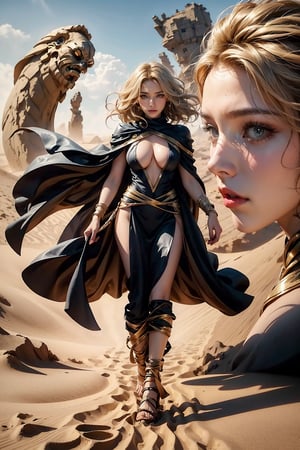 Masterpiece,Raw photo,16k,best quailty,high_resolution,perfect body,huge breasts,full body,looking_at_viewer, Dune ,sandstrom,mask,blue eye,blonde hair,wavy hair,wind blow,sand cloak