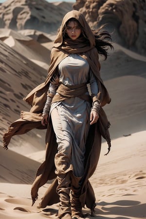 Masterpiece,Raw photo,16k,best quailty,high_resolution,perfect body,huge breasts,full body,looking_at_viewer, Dune ,sandstrom,blue eye,blonde hair,wavy hair,wind blow,sand cloak,cover mouth,cover_head,long boots,windglass,sand_color clothes,cover mouth with cloak