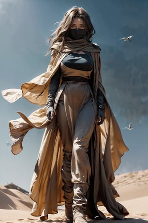 Masterpiece,Raw photo,16k,best quailty,high_resolution,perfect body,huge breasts,full body,looking_at_viewer, Dune ,sandstrom,mask,blue eye,blonde hair,wavy hair,wind blow,sand cloak,cover mouth,cover_head,long boots,windglass,sand_color clothes