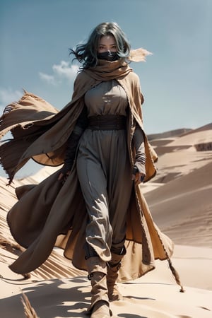 Masterpiece,Raw photo,16k,best quailty,high_resolution,perfect body,huge breasts,full body,looking_at_viewer, Dune ,sandstrom,blue eye,blonde hair,wavy hair,wind blow,sand cloak,cover mouth,cover_head,long boots,Wind goggles,sand_color clothes,cover mouth with cloak