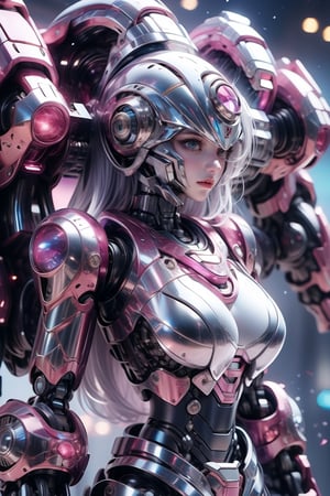 A solo mecha-girl stands tall in a futuristic cityscape, her mechanical arms gleaming in the neon-lit night. Her perfect, curvaceous physique is accentuated by her impressive big breasts, as she confidently brandishes a weapon at her side. The raw photo captures every detail with ultra-realistic clarity, rendering her 16k masterpiece in stunning high-definition. In this futuristic world, she's a powerful force to be reckoned with,robot headphone,