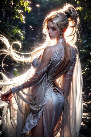 In a dimly lit, misty forest setting, a stunning 16k ultra-realistic portrait of a single girl stands out. She's dressed in a Castlevania-inspired outfit, complete with a long blade and high-heeled boots, showcasing her perfect physique and enormous breasts. Her piercing gaze directly addresses the viewer, her seductive pose drawing attention to her very long ponytail, flowing white locks cascading down her back like a river of silk. The fox ears on her head add an air of whimsy, while her dynamic posture commands attention in this raw, high-resolution photo masterpiece.