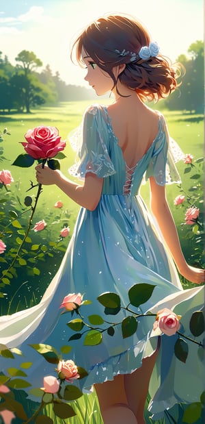 Oil painting, (girl holding a single rose), very delicate and soft lighting, details, Ultra HD, 8k, animated film, soft floral dress, walking through a meadow full of wide green grass,Beautiful girl 