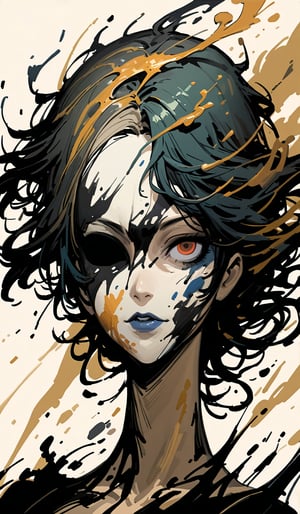 Scumbling painting of a woman with black makeup on her face, no eyes, roughly painted skin, messy paint strokes, by Bastien L. Deharme, gothic art, style of Ashley Wood, bronze and black metal, Sakimichan Frank Franzzeta, beautiful portrait of a hopeless, Ruan Jia and Joao Ruas, watercolors and oil on canvas