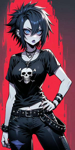 one Female Punk Rocker named Jill, pale skin color, Bold haircut, Black hair, piercing blue eyes, with Black faded Faded Red T-shirt, wearing Ripped Black Jeans