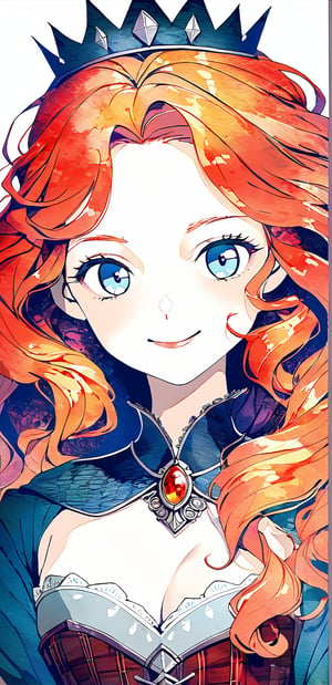 ((Generate the portrait of Princess Merida,))
Ginger curly long hair, smile, blue eyes, beautiful, gorgeous, (wearing a medieval Scottish dress,) sexy, big, chest, real, bust, two dimensional painting style, slightly red face,