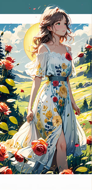 Oil painting, (girl holding a single rose), very delicate and soft lighting, details, Ultra HD, 8k, animated film, soft floral dress, walking through a meadow full of wide green grass,Beautiful girl 