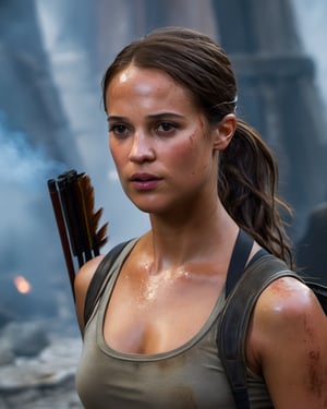 alicia_vikander as Lara croft, tomb raider, exploring ancient ruins, military shirt, leather jacket, covered in dust, dusty skin, fire, smoke, fog, night, dust, destroyed buildings, light effects, swirling light around the character, depth of field,light particles,magic circle, ash particles, dulux, ,, ((sharp face, detailed face, realistic face, naturtal skin, realistic skin, detailed skin, pores, sharp eyes, detailed eyes,realistic eyes)),guided penetration