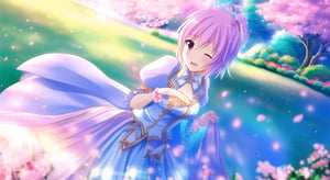 1 girl, Touhou character, in a serene garden setting, surrounded by cherry blossoms, soft pastel lighting, detailed fantasy costume, dynamic pose, magical aura, focused expression, portrait framing.