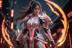 
Taiwanese beautiful girl, mechanical dragon flame lava suit composed of red and white fluorescent lines, battlefield city sparks, the girl holds a huge thunder dragon sword and Crusader Holy Shield, knife and shield fluorescent current martial arts style, standing on a burning in the city