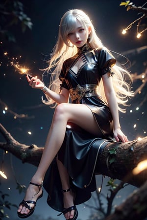 A beautiful woman, her mouth covered with gauze, wearing a simple black dress, holding a knife in her hand, showing her beautiful long legs, with flowing silver hair and shining eyes, sitting on a tree with fireflies at night With. Anime style, extremely high resolution.