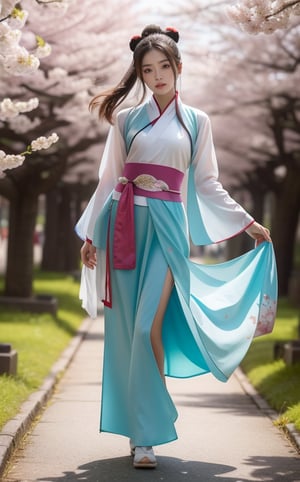 A woman wearing Hanfu from the Tang Dynasty and a chest-high Confucian skirt (tied above the chest and tied under the armpits), with the skirt fluttering in the wind, is walking in the cherry blossom forest, looking slightly sideways, smiling at the camera, with a sweet look on her face dimples