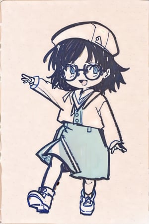 Create a character design sketch of Arale from the anime "Dr. Slump" in a chibi style, emphasizing her oversized head and small body proportions. The sketch should be in a blueprint style, with dimensions and annotations. Depict her in one of her classic poses from the manga, such as running or saluting. Highlight her iconic features, including her hat and glasses, capturing her playful and energetic personality. Use precise lines to mimic a technical drawing while maintaining a fun and whimsical feel.8kHD --ar 3:4 --niji 6 --s 0