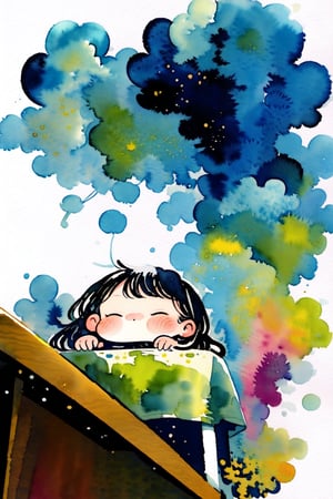 A watercolor splash style, a cartoon version of the watercolor splash style presentation.  A little girl, head and body, lying on the table, expression blank