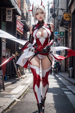 Korean anime beauty. Wearing sexy clothes. Fighting posture. Precision mechanical details. Linear light bars on parts of the body. Fighting with enemies. Red and white combination. Holding a big knife. Large area of ​​human skin. Double eyelids.