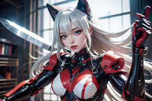 Korean anime beauty. Wearing sexy clothes. Fighting posture. Precision mechanical details. Linear light bars on parts of the body. Fighting with enemies. Red and white combination. Holding a big knife. Large area of ​​human skin. Double eyelids.