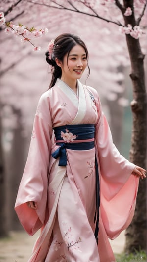 A woman wearing Hanfu from the Tang Dynasty and a chest-high Confucian skirt (tied above the chest and tied under the armpits), with the skirt fluttering in the wind, is walking in the cherry blossom forest, looking slightly sideways, smiling at the camera, with a sweet look on her face dimples