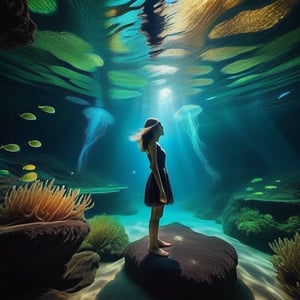 A 21-year-old Taiwanese girl explores a mysterious underwater cave decorated with shimmering bioluminescent algae. The cave walls glow with otherworldly colors and light penetrates shafts of darkness, revealing the magic and mystery of a hidden underwater world. , the school's ethereal jellyfish float gracefully, adding to the charm, captured with a GoPro Hero9 Black camera, the underwater housing focuses on the girls' awe and wonder as they discover the mysterious beauty of the underwater world, in a style that enhances the dreamlike quality of the scene .