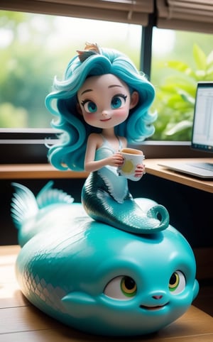 Make a real photo, a cup of Starbucks in front of the computer, top image quality, 64K image quality, iMAX visual effects, HDR10, high resolution, strong focus, there is a cute mermaid in the coffee cup, taking a bath in the coffee, with her tail exposed , looks very enjoyable, with cyan hair, big wavy hairstyle, and cyan tail scales. Halo effect, wide-angle effect, first-person visual effect, multi-angle vision.