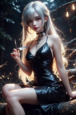 A beautiful woman, her mouth covered with gauze, wearing a simple black dress, holding a knife in her hand, showing her beautiful long legs, with flowing silver hair and shining eyes, sitting on a tree with fireflies at night With. Anime style, extremely high resolution.