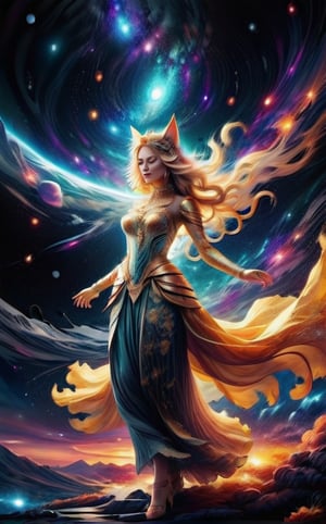 "Create an ultra-realistic, extreme sports photography cinematic scene. In the center of the image, there is a rotating, colorful plasma gas and light wormhole. Emerging halfway from the wormhole is a beautiful nine-tailed golden fox princess (either Oriental or Western). She has an oval-shaped face, flowing golden wavy long hair, and is wearing a princess dress made of pure gold-embroidered lace, featuring floral patterns and pure gold lace trim. She has her mouth open and is reaching out with her right hand for help. The image should have high contrast with detailed facial features, rich details, and extremely high resolution, presenting a photographic realism with intricate textures. Incorporate trillions of layers of exposure to enhance the depth and realism."