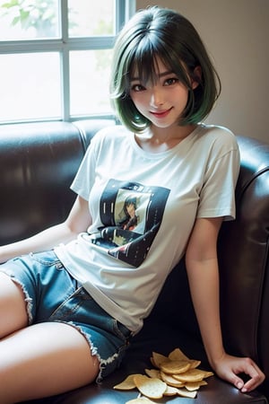 A woman with short mint-green hair, wearing a T-shirt and shorts, holding a bag of chips. She is lying on a sofa sideways, smiling gently. The style is inspired by Katsura Masakazu's manga, with soft lines, rich details, and an overall warm and relaxed atmosphere.