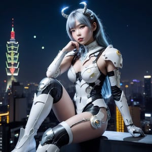 Semi-mechanical, semi-organic cyborg, a Taiwanese girl with white skin, a mechanical body, exposed fiber optic parts, gray and powder blue hairstyle, horns on her head, long leather boots, luminous butterfly, sitting on the roof of a skyscraper, Taipei 101 Night scene, bustling, northern lights, starry sky, high contrast