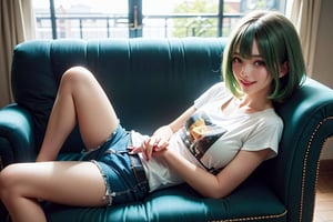 A woman with short mint-green hair, wearing a T-shirt and shorts, holding a bag of chips. She is lying on a sofa sideways, smiling gently. The style is inspired by Katsura Masakazu's manga, with soft lines, rich details, and an overall warm and relaxed atmosphere.