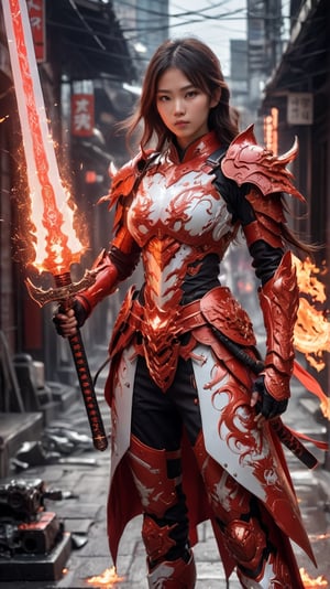 
Taiwanese beautiful girl, mechanical dragon flame lava suit composed of red and white fluorescent lines, battlefield city sparks, the girl holds a huge thunder dragon sword and Crusader Holy Shield, knife and shield fluorescent current martial arts style, standing on a burning in the city