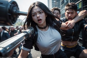 An 18-year-old Taiwanese girl with a fierce expression, gripping a massive 1000-ton iron hammer with both hands, is brutally smashing it down on a boy. The boy, dressed in casual clothing, looks terrified as he tries to shield himself with his arms from the hammer's impact. The hammer has made contact with the boy, showing the immense force and impact. The background is simple but filled with tension, emphasizing the intensity of the action and the dramatic atmosphere.