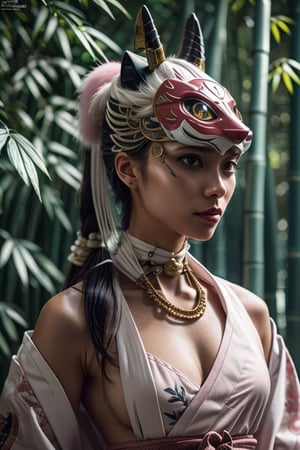 A beautiful Japanese ninja wearing a pink and white stealth combat uniform is taking off her nine-tailed demon fox mask. After a fierce battle, her delicate face reveals a tired expression and determined eyes. The ninja's The detailed patterns and embroidery on the combat uniform contrast with the traces of the battle. The traditional samurai sword is still dazzling. The background is an ancient and dense bamboo forest. The bamboo leaves are gently swaying in the breeze, and some broken pieces are scattered on the ground. The huge boulder is surrounded by light pink smoke and soft light. The whole scene is full of the intertwined style of Meiji and Edo periods--ar 3:4 --style raw --stylize 300